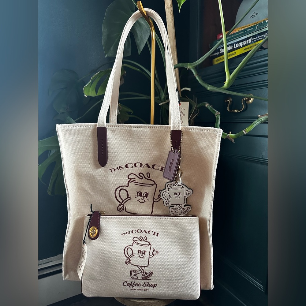 Coach Coffee Shop Limited Edition canvas tote, pouch, & Lil Miss Jo Bag Charm